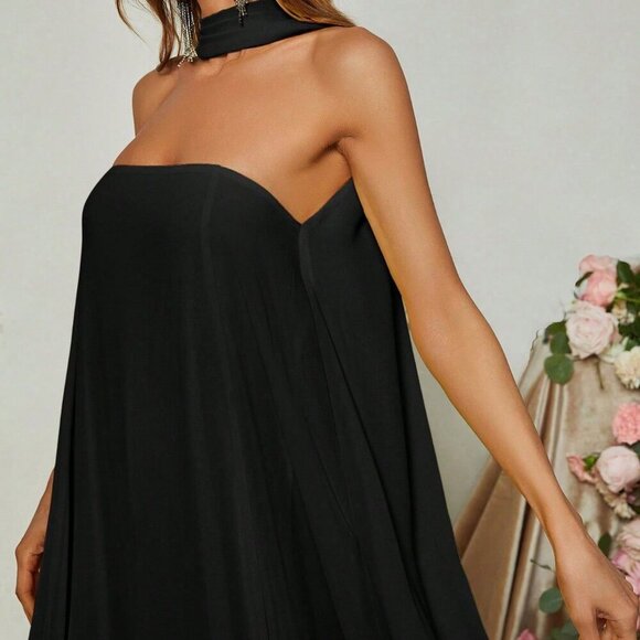 Black Elegant Women's Sophisticated Off-The-Shoulder A-Line Evening Gown - Picture 3 of 6
